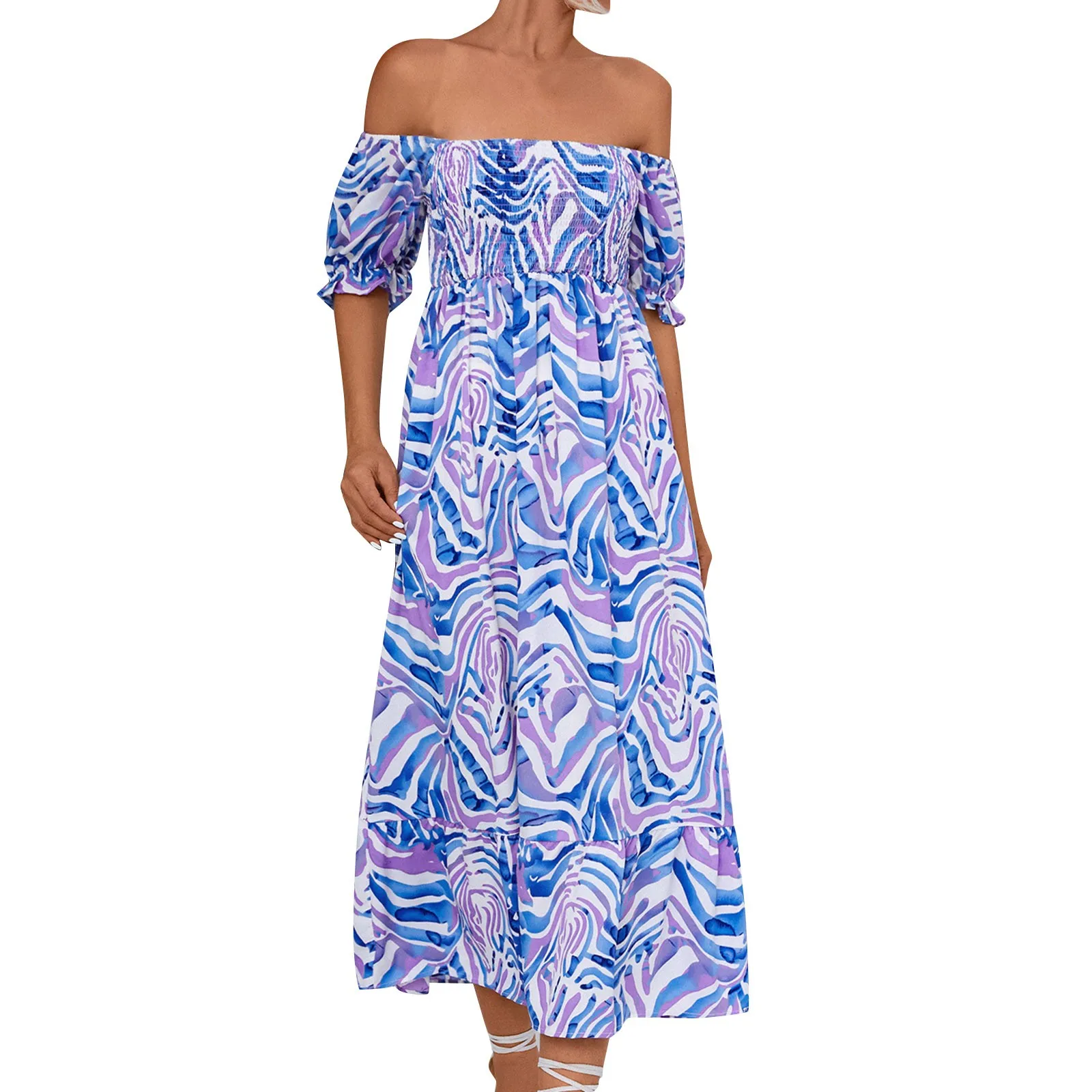 

Женское платье с цветочным принтом, элегантное свободное платье средней длины с открытыми плечами и эластичным поясом в стиле бохо, лето 2023