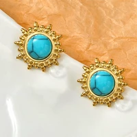sunflower stud earring stainless steel earrings for women inlaid turquoise round natural stone earings fashion jewelry 2022