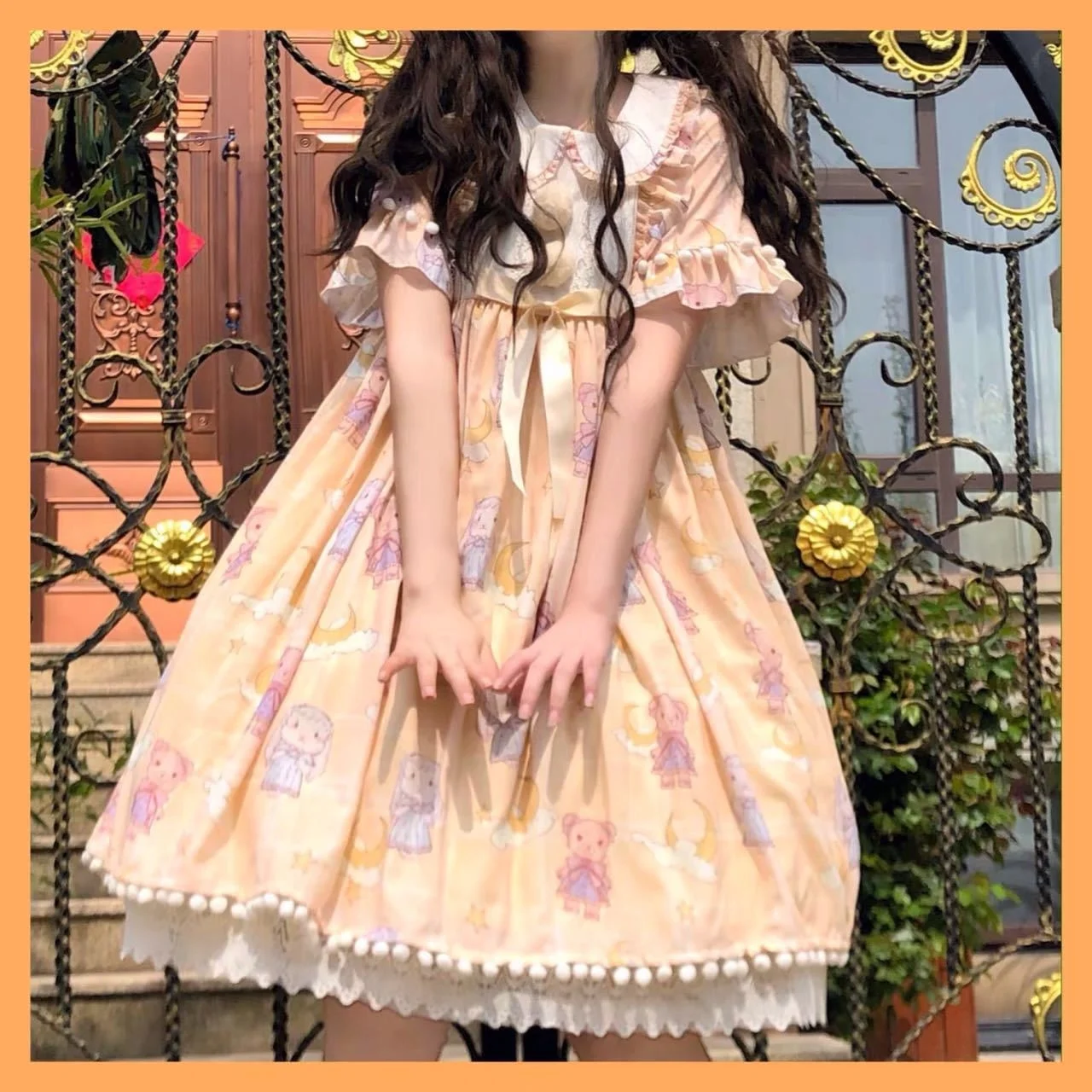 

Японское милое платье Jsk Lolita, женские винтажные викторианские готические Мультяшные кружевные платья принцессы с коротким рукавом и бантом...
