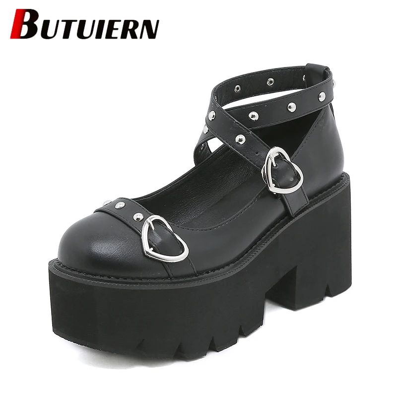 

Summer Low-top Shoes Women's Buckle Heart-shaped Buckle Rivets British Thick Bottom Black Leather Shoes Zapatos Mujer