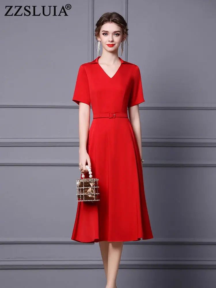 

ZZSLUIA Red Dresses For Women Short Sleeve Designer Slim Elegant Midi Dress Fashion Summer One Piece Ladies Female Clothing