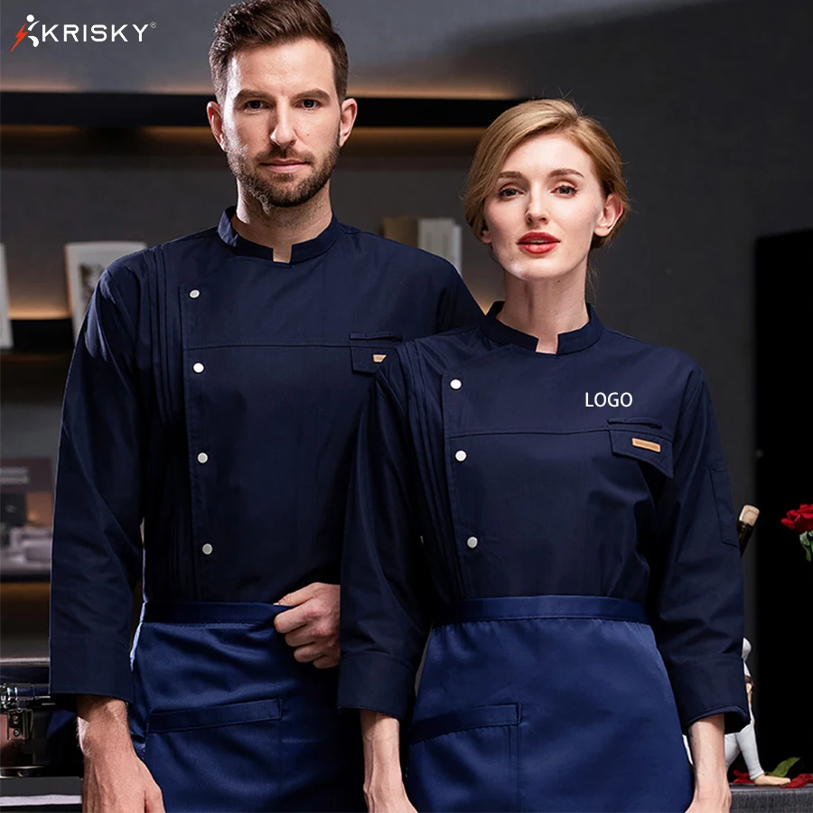 

Krisky Unisex Cook Jacket Restaurant Kitchen Chef Uniform Print Logo Hotel Breasted Cooking Clothes Catering Chef Shirts