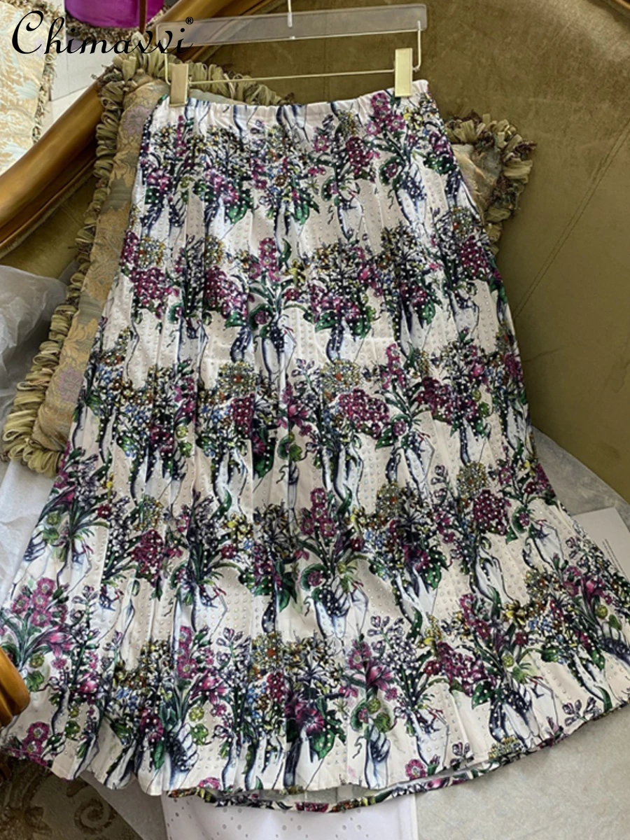 

2022 Early Autumn New Fashion Retro Hot Drilling Mid-Length Pleated Skirt High Waist Light Luxury Printed Elegant Women Skirts