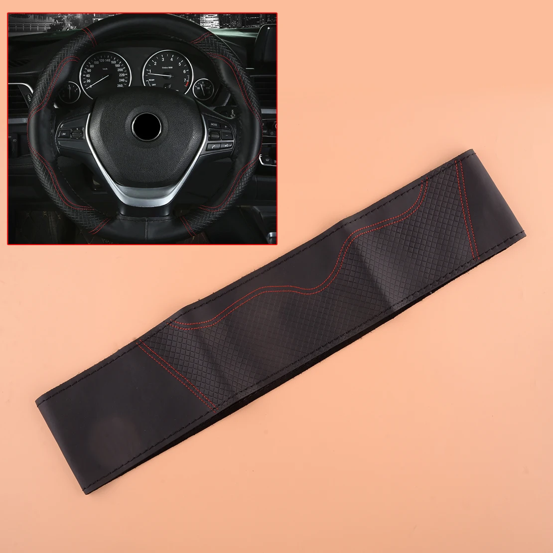 

38cm Car Cowhide Steering Wheel Cover Breathable Anti-Slip Wrap Protector Universal Decoration Black With Red Line