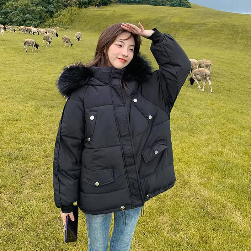 Oversize Cotton Jacket Women's 2022 Winter New Hooded Big Fur Collar Padded Jacket Solid White Black Parkas Coat Loose Outwear