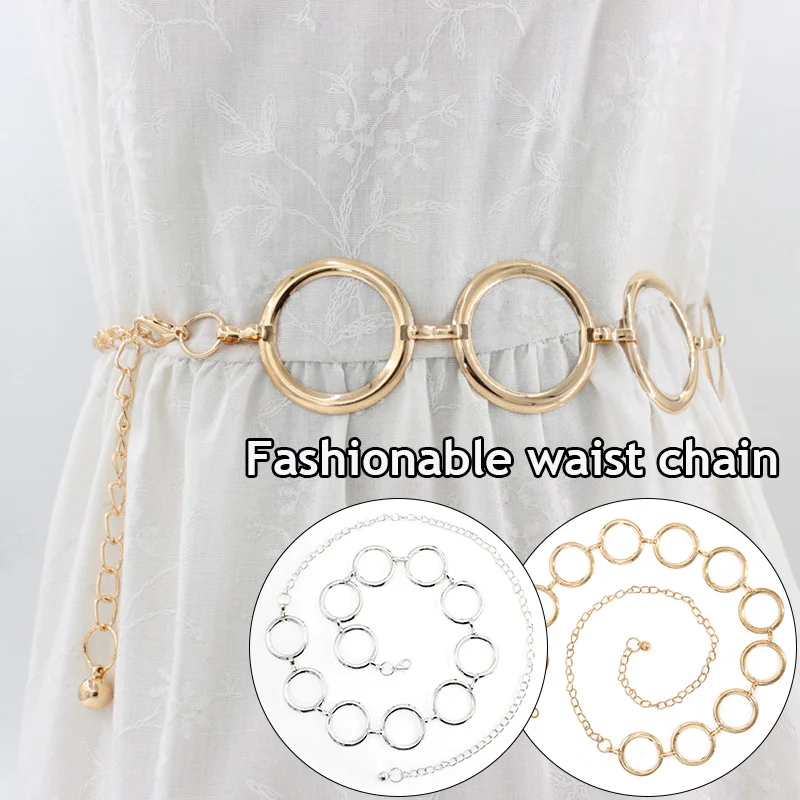 

Elegant Women's Belt Hip Hop Metal Waist Chain Geometric Long Hollow Waistband Fringes Ring Alloy Round Ring Dress Waist Belt