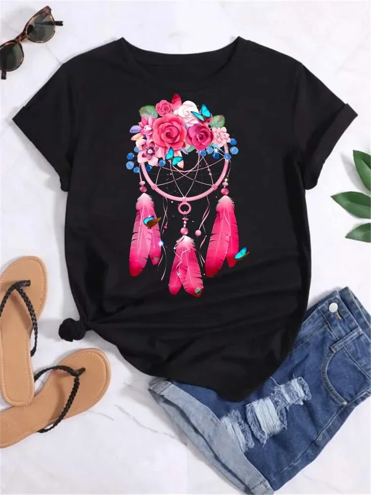 

T Shirt Women Harajuku Fashion Feather Dreamcatcher Tees Shirt Femme Graphic Dream Catcher Women's T-shirt Clothes Tops