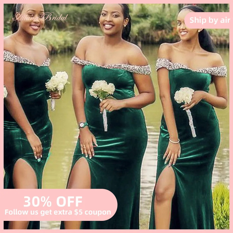 

Женское вельветовое платье-русалка, темно-зеленое платье подружки невесты с разрезом, открытыми плечами и серебристым вырезом с блестками