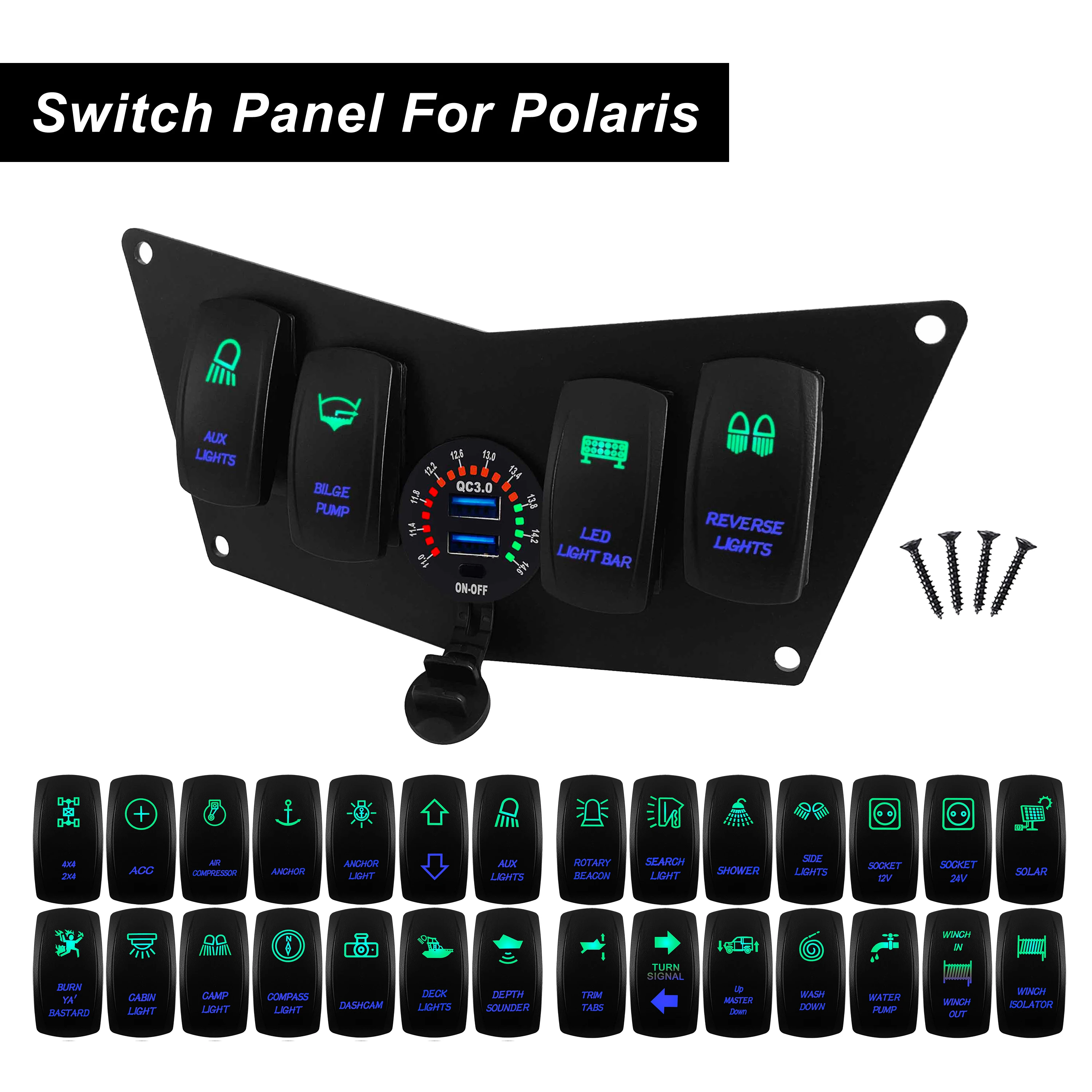 Green & Blue Led 4 Gang Rocker Switch Panel QC 3.0 USB & Voltmeter for Polaris, Multi-logos Waterproof IP68 Switch Marine Grade