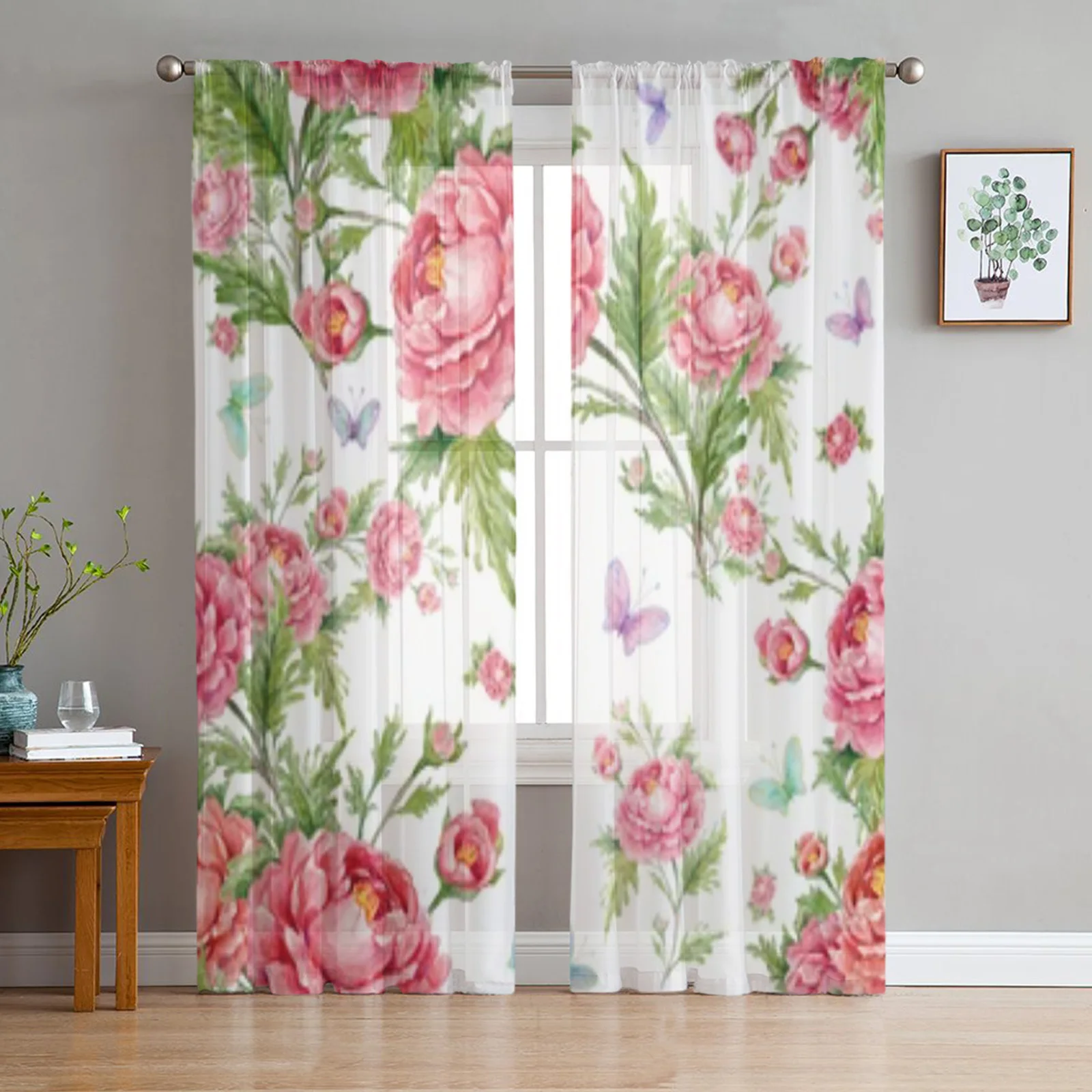 

Занавески на окна из тюля с акварельными розами и бабочками, шторы из вуали для гостиной, спальни, занавески для кухни