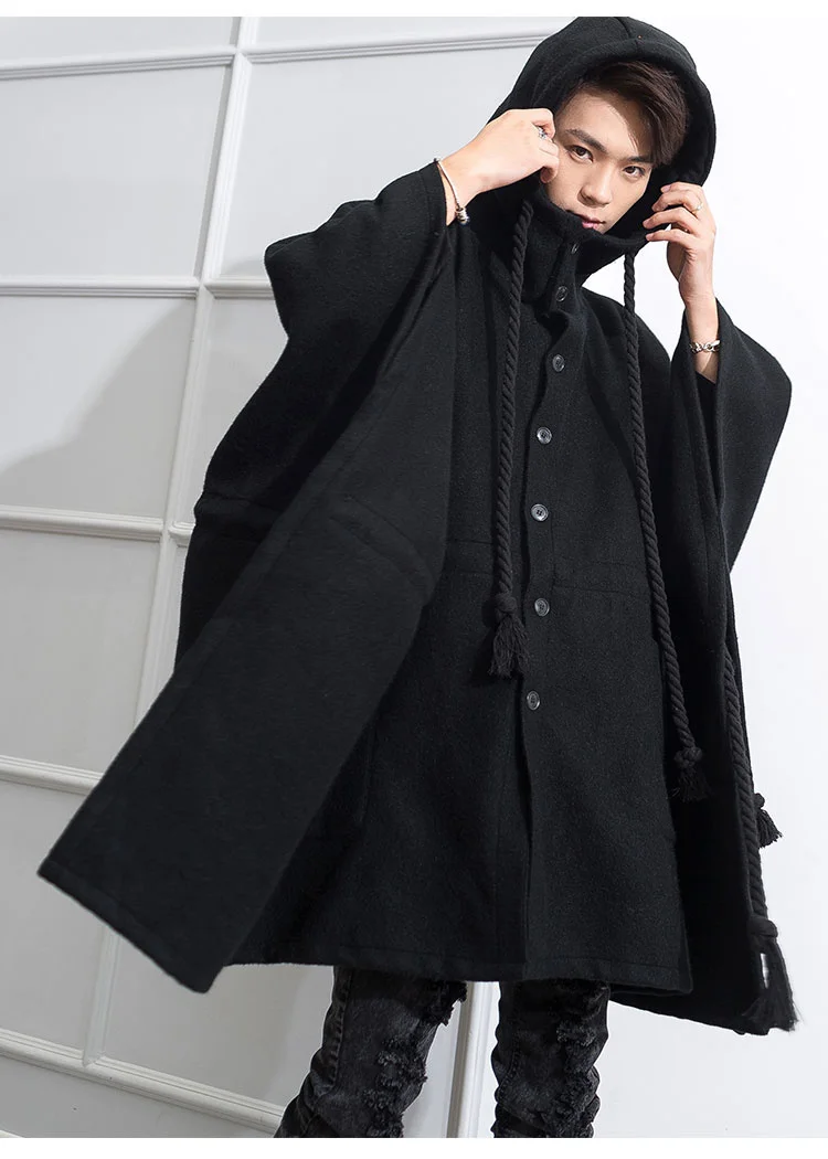 

Mens Hooded Trench Coat Gothic Men Clothes Male Woolen Sleeveless Shawl Boy Black Cape Single-breasted England Outerwear Hombre