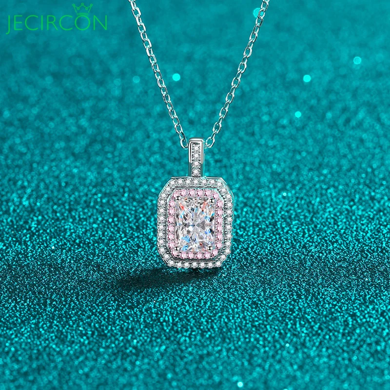 

JECIRCON 925 Sterling Silver Moissanite Necklace for Women 1 Carat Rectangular Emerald/Radiant Cut Pendant Party Fine Jewelry