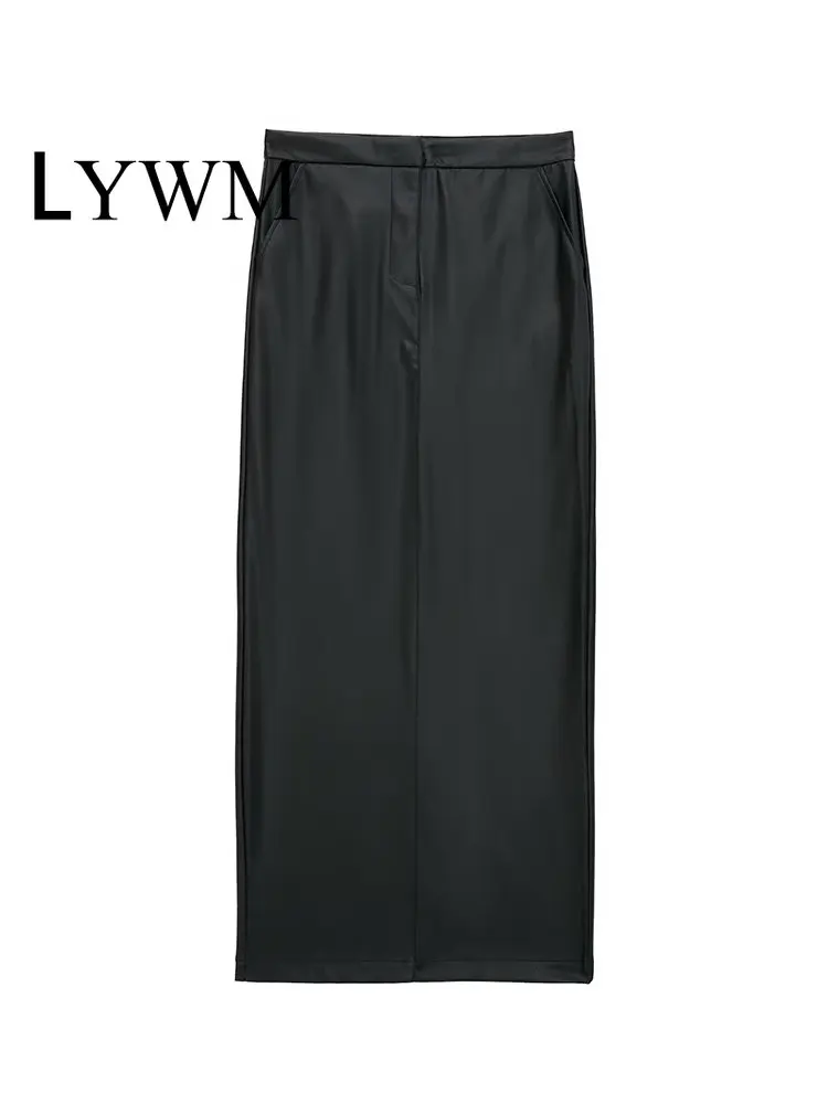 

LYWM Women Fashion PU Solid Front Zipper Back Slit Midi Skirt Vintage High Waist Female Chic Lady Skirts Mujer Outfits