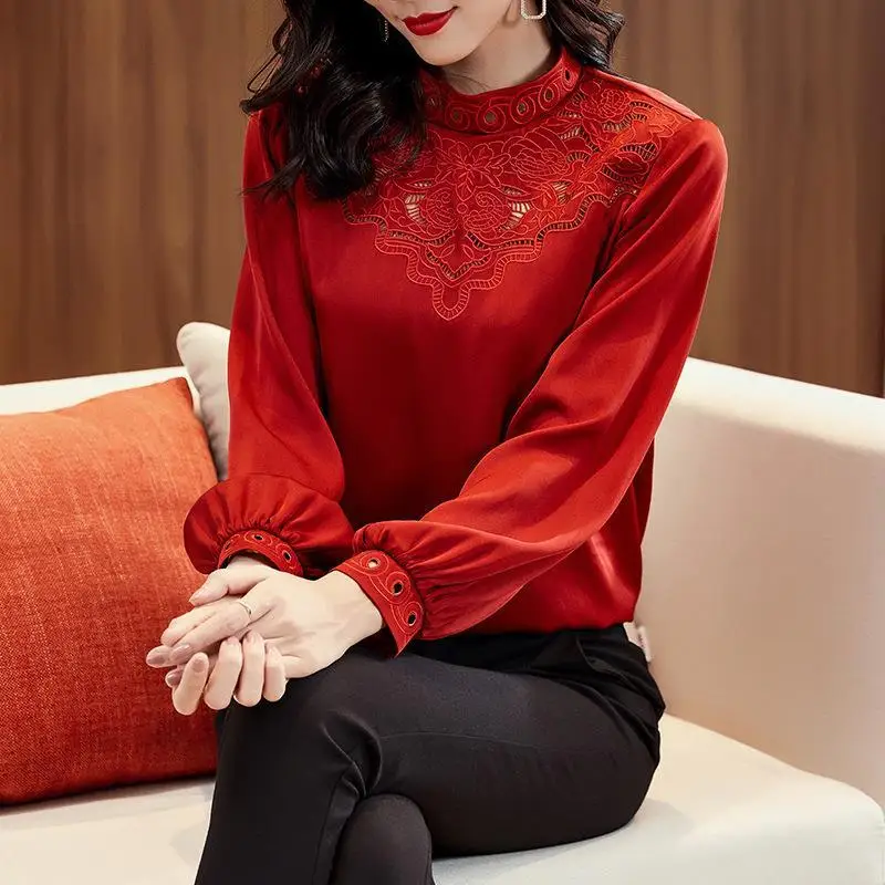 

Red imitation silk shirt women spring and autumn new high-end temperament hollow embroidery imitation silk shirt top women