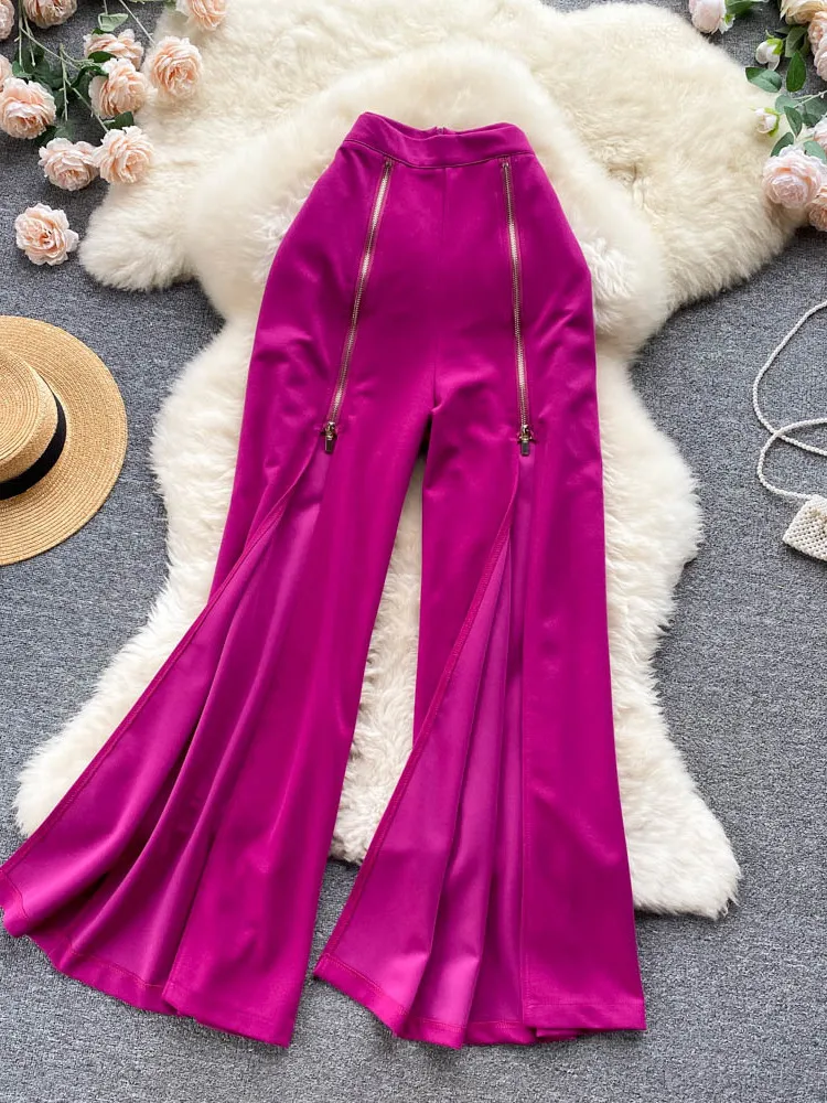 

Foamlina Summer Women Long Pants New Stylish High Waist Zipper Front Split Wide Leg Full Length Female Trousers Fashion Clothes
