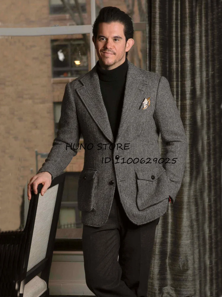 

Steampunk Men's Herringbone Suit Single Breasted Lapel Collar Wool Blazer for Wedding Party Male Jacket + Pants Suze