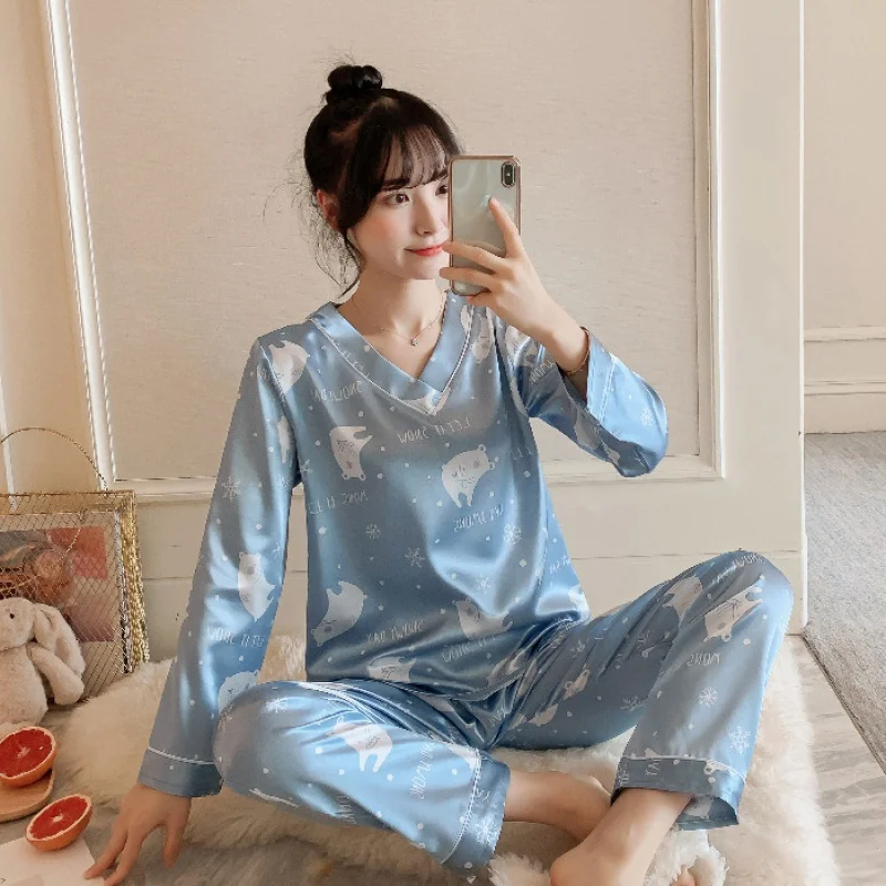 2023 Spring New V-neck Silk Pajamas Women's Loose Long-Sleeved Trousers Home Wear Two-Piece Set Women's Pajamas