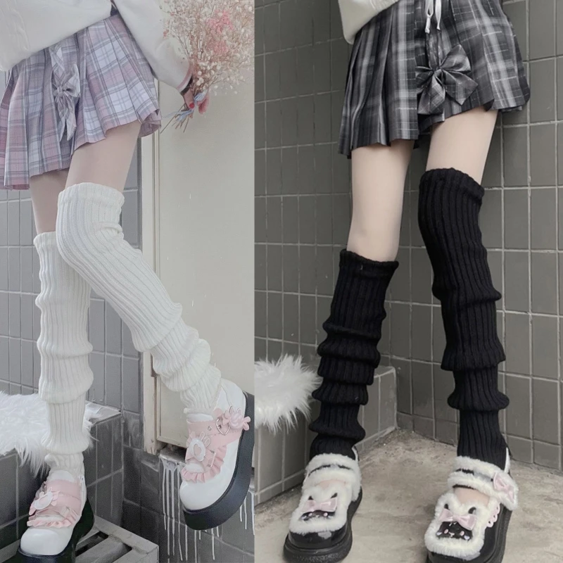 

Women Ribbed Knit for Extra Long Leg Warmers Japanese College Style Striped Solid Color Foot Cover Student Thigh