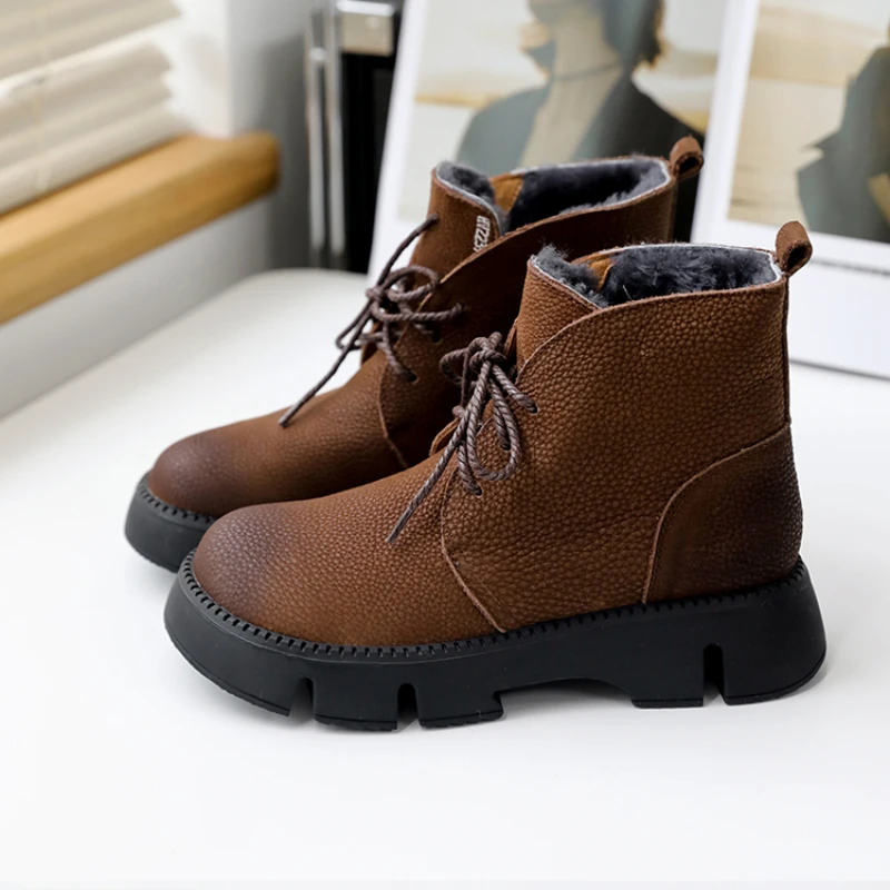 

Женские кожаные ботинки, черные повседневные ботильоны из натуральной кожи, с меховой стелькой на низком каблуке, брендовые ботинки для снежной погоды,