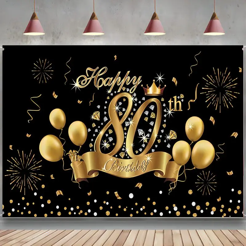 

Украшение на день рождения 80-го дня рождения, Фотофон, искусственное украшение, черный золотой баннер, знак, постер на 80-ю годовщину