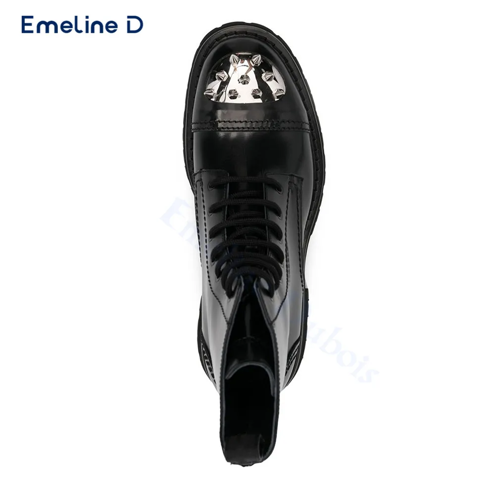 Сапоги на шнуровке с круглым носком черные кожаные повседневные ботинки