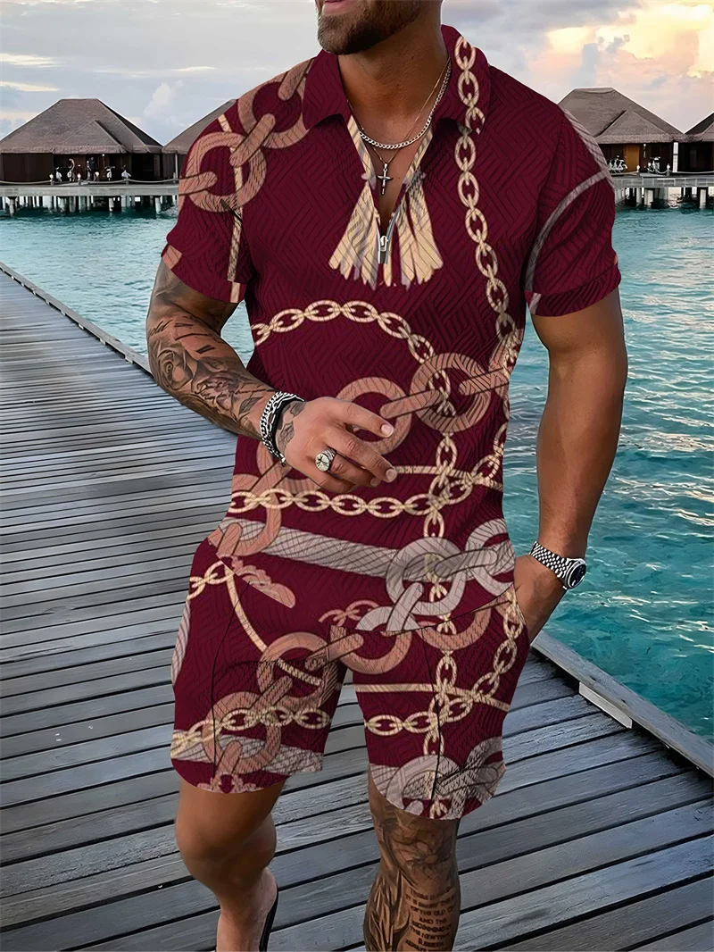 

Fashion Summer Men's Tracksuit Short Sleeve Polo Shirt Set Luxury Chain Print Clothing 2 Pieces Casual Suit Streetwear Outfit
