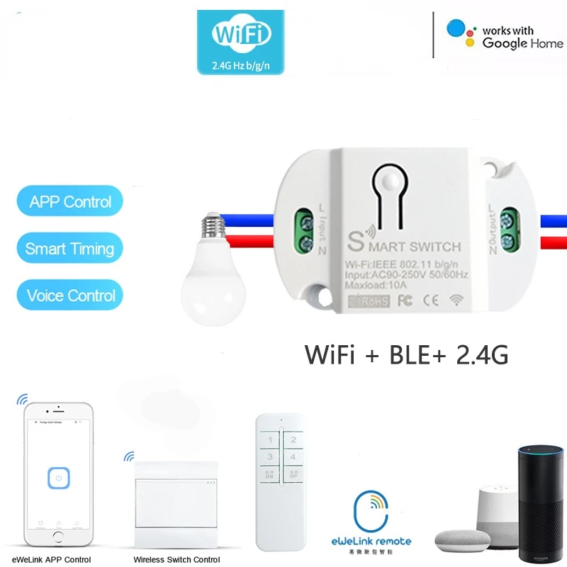 

Беспроводной смарт-выключатель WiFi + BLE + eWeLink 2,4G, автоматизация умного дома, дистанционное управление через приложение/голос, работа с Alexa Google