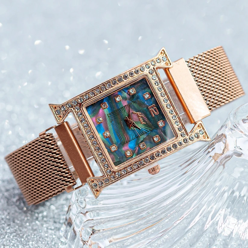 

Женские кварцевые часы с браслетом из розового золота, с квадратным циферблатом