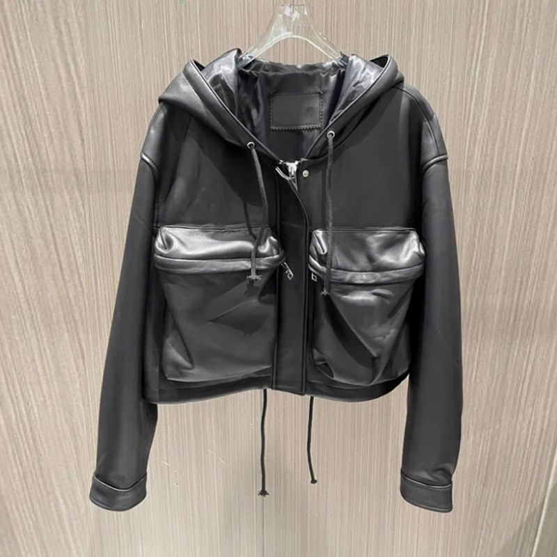 

Women Zipper Drawstring Short Hooded Genuine Leather Coat Autumn Winter Vintage Motorcycle Jacket Real Sheepskin Coat TF3779
