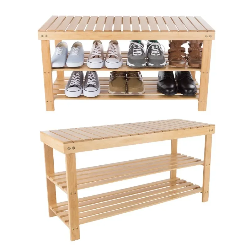 

"Eco-Friendly Natural Wood Bamboo Bench with 2 Shelves - Perfect Seat Storage and Organization for Bedrooms, Entryways, Hallways