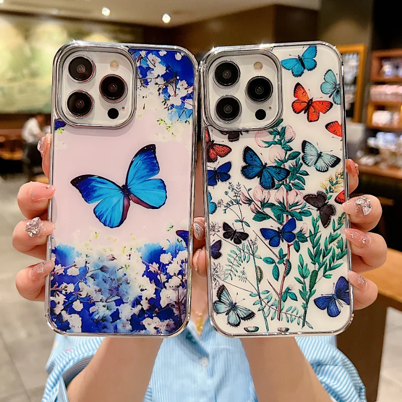 

Electroplated Painting Fresh Flowers Phone Case for iPhone 14 Pro Max 14Pro 13Pro 13 Soft TPU Frame Hard PC Fashion Back Cover