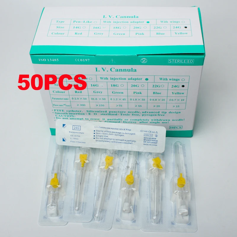 

50pcs IV Cannula Single Use With Injection Port 20G 22G 24G Butterfly IV Catheter Veterinary Supplies