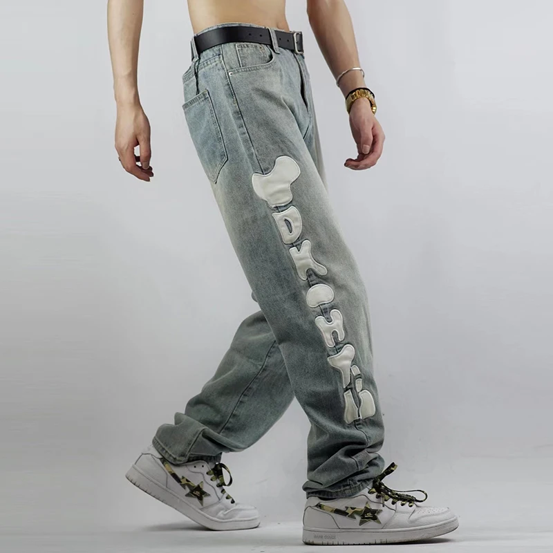

Pu Leather Letter Embroidery Washed Retro Jeans for Men Straight Harajuku Ripped Streetwear Spliced Loose Denim Trousers