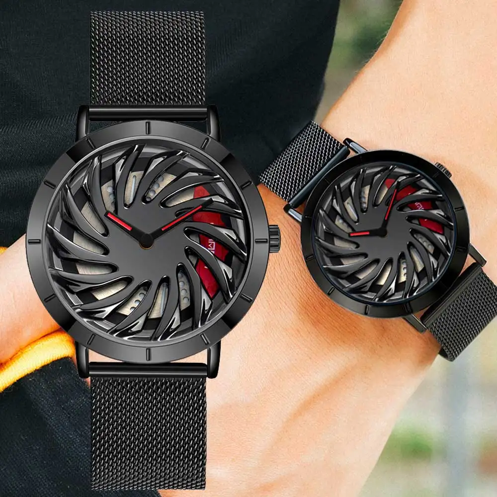 

Men Hot Sell Mesh Strap Quartz Watch Creative Car Wheel 360 Rotating Dial Clock Stainless Waterproof Sport Wristwatch Relogio