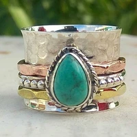 new retro turquoise plated tricolor mens and womens ring european and american wedding gem ring