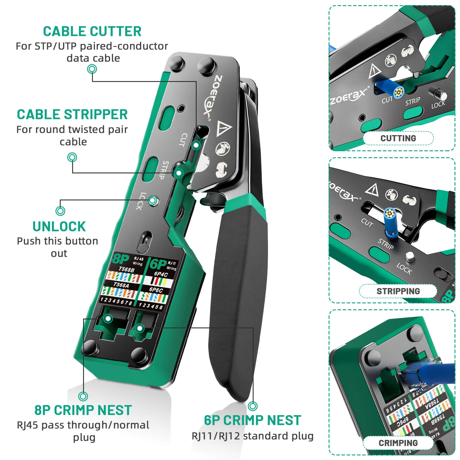Фото Обжимной инструмент ZoeRax RJ45, обжимной резак для Cat6 Cat5 Cat5e 8P8C, модульный разъем Ethernet, универсальный инструмент для проводов №2