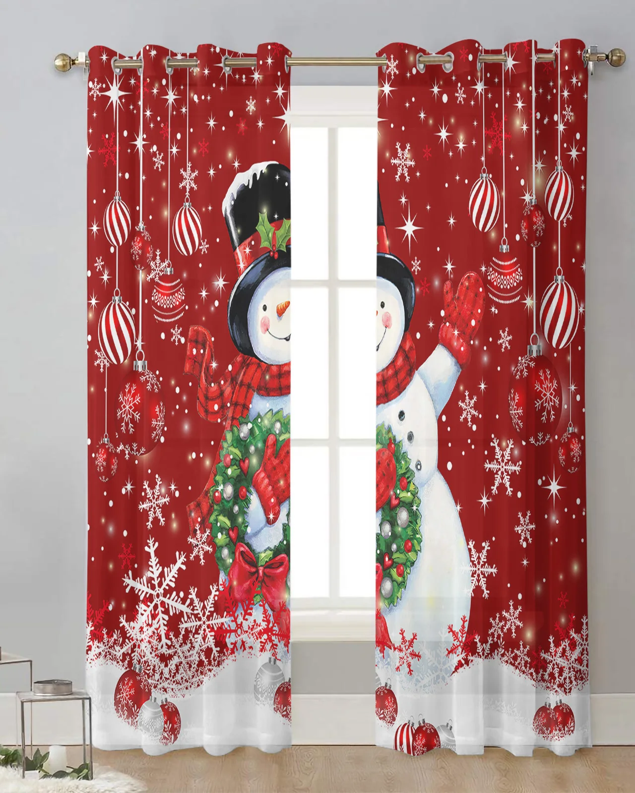 

Рождественская зимняя красная занавеска со снеговиком, снежинками, тюлевые шторы для гостиной, кухни, оконные шторы из вуали