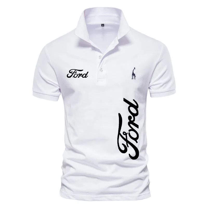 

2022 Men's New Cotton Polos Shirts Casual Solid Color Sport Breathable Slim Fit Polos Ford car logo print Summer Tees