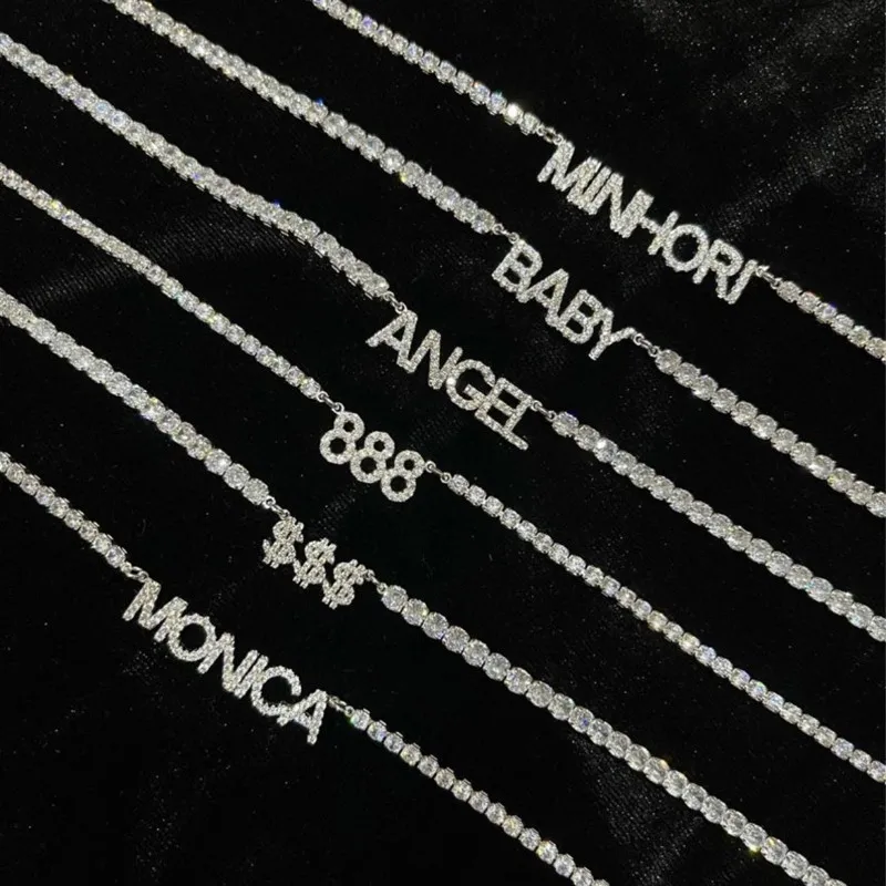 3UMeter 9mm Letters Customized Name Necklace For Women Personalized Pendant Zirconia Angel Number Tennis Chain Mother's Day Gift