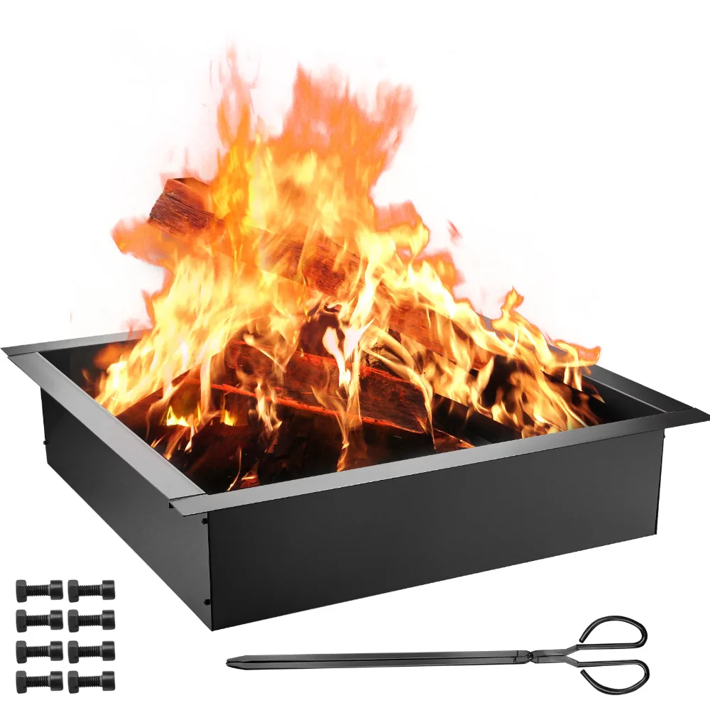 BENTISM Fire Pit Ring, 30" Square Fire Pit Insert, Heavy Duty Steel Fire Ring, DIY Bonfire Liner with Tongs Insert