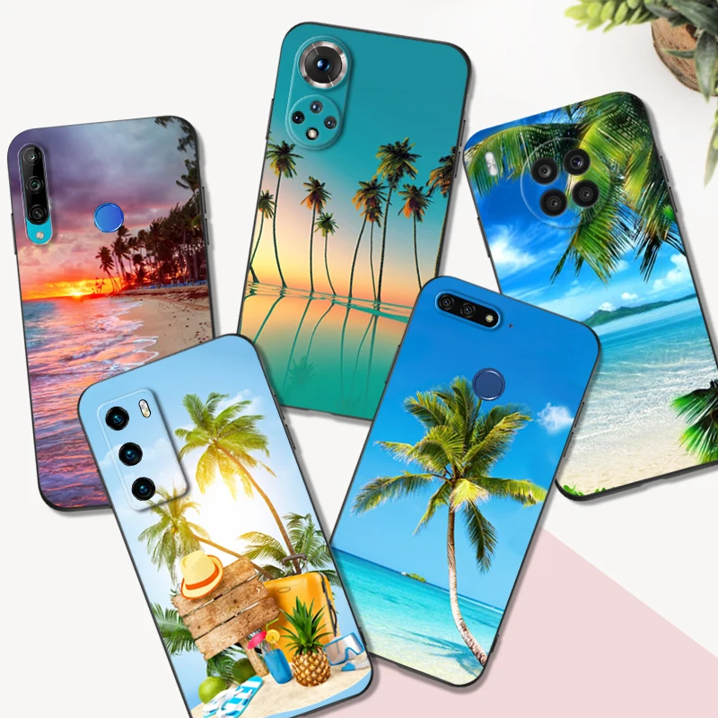 Черный чехол из ТПУ для Huawei NOVA Y70 PLUS Y90 P30 Lite Pro P40 LITE E P Smart 2020, чехол с изображением летнего пляжа, заката на море, пальмы