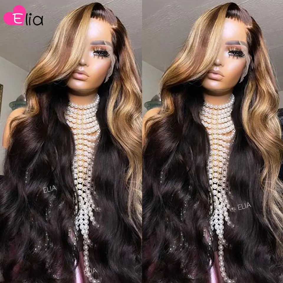 Ombre Highlights Lace Frontal Human Hair Wig for Women Body Wave Lace Front Wigs Pre Plucked Closure Wig Elia Human Hair