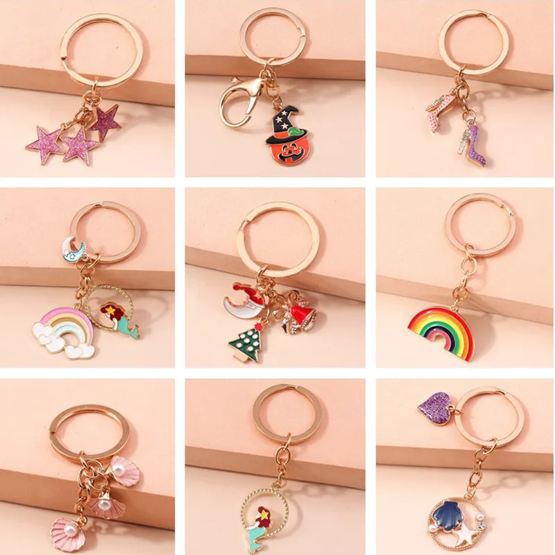 

New Enamel Rainbow Keychain for Car Key Cute Love Heart Flower Star Shell Key Chains Women Men Handbag Pendants Accessories
