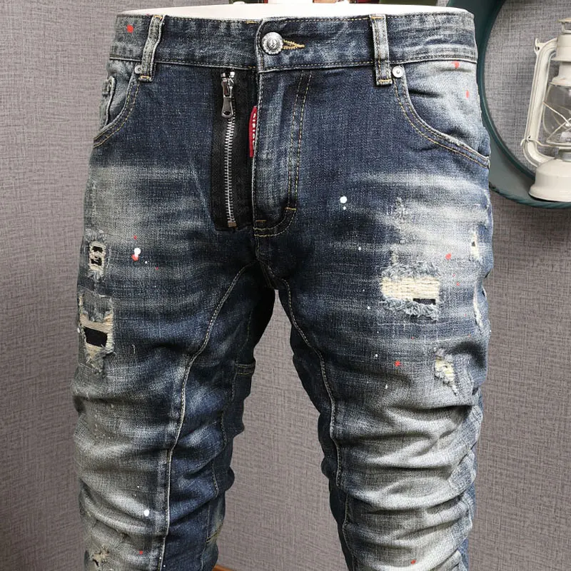 Street Fashion Men Jeans Retro Washed Blue Elastic Slim Fit Ripped Jeans Men Spliced Designer Hip Hop Denim Biker Pants Hombre
