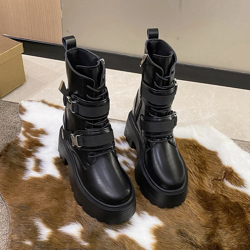

New Designer Round Toe Buckle Platform Boots for Women Retro Autumn Winter Punk Shoes Female Fashion Casual Ankle Boots Woman