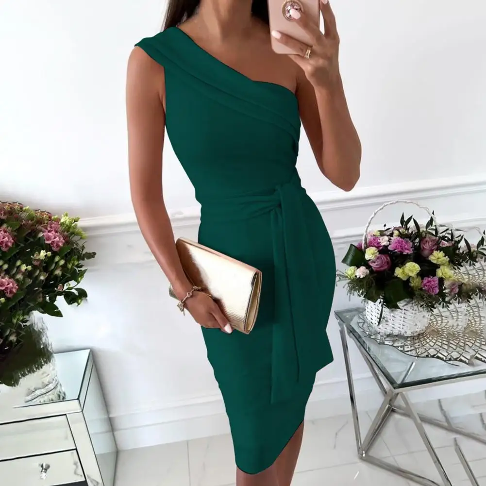 

Single Shoulder Bandage Summer Off Shoulder Hip Wrap Dress Slim-fitting Bandage Women Dress Temperament Waist Tight Midi Dress