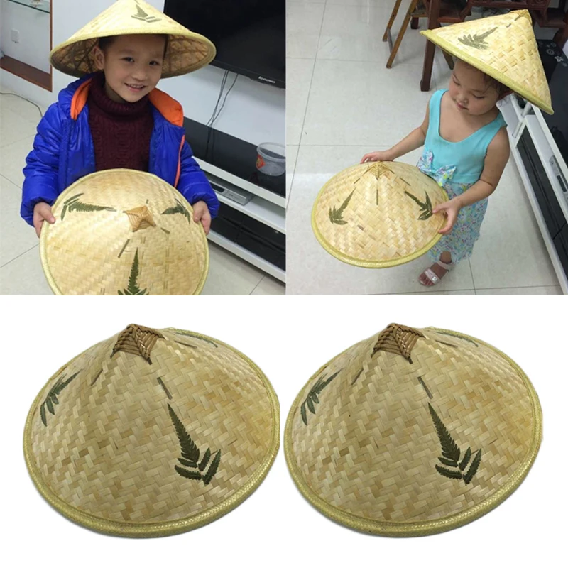 

New Chinese Vintage Style Straw Bamboo Sun Hat Cone Farmer Fishing Hat Sunshade Rainproof Hand-Woven Travel Hat for Adult Kids