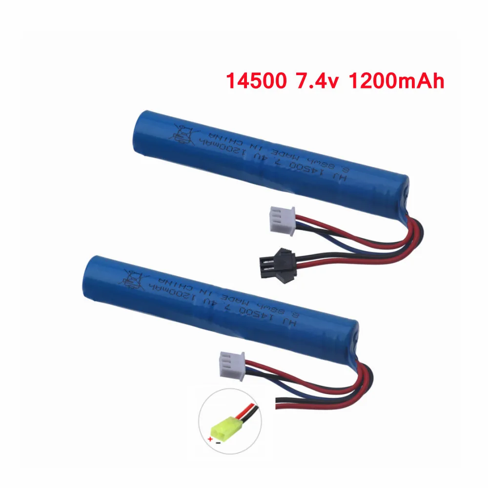 Литий-ионный Аккумулятор 7,4 1200 в, 14500 мАч для электрических игрушек, водяной пулемет 2s, батарея 7,4 В, разъем SM/JST/Tamiya для игрушек, радиоуправляемых автомобилей, запчасти