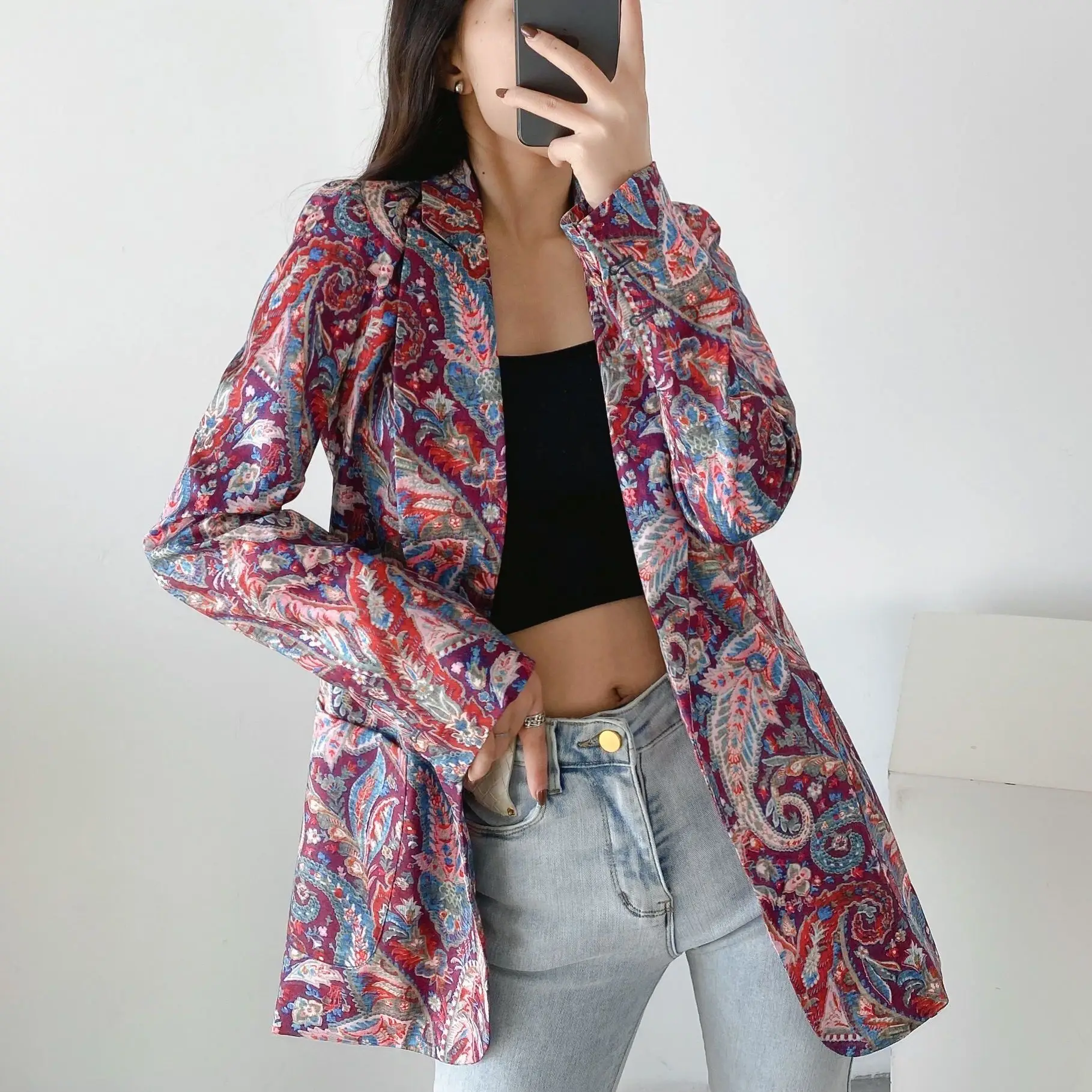 

JUNWU Spring and Autumn Za Women's Red Printed Suit Collar Ins Explosion Loose Casual Suit Chic Jacket Holiday Style