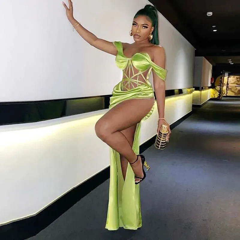 

Neon Green Prom Dresses Chic Sexy Satin Sweetheart Cocktail Dress Pretty Slit vestido de curto Long Prom Gowns Off Shoulder